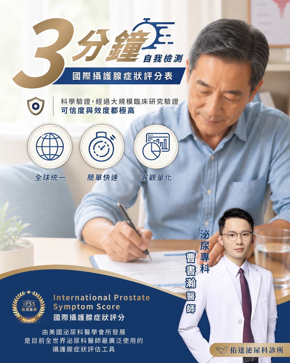 IPSS 國際攝護腺症狀評分 - 3 分鐘自我檢測 - 全球統一、簡單快速、客觀量化 - 曹書瀚院長 - 佑達泌尿科